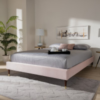 Baxton Studio BBT6598A1-Light Pink-Full Volden Glam and Luxe Light Pink Velvet Fabric Upholstered Full Size Wood Platform Bed Frame with Gold-Tone Leg Tips